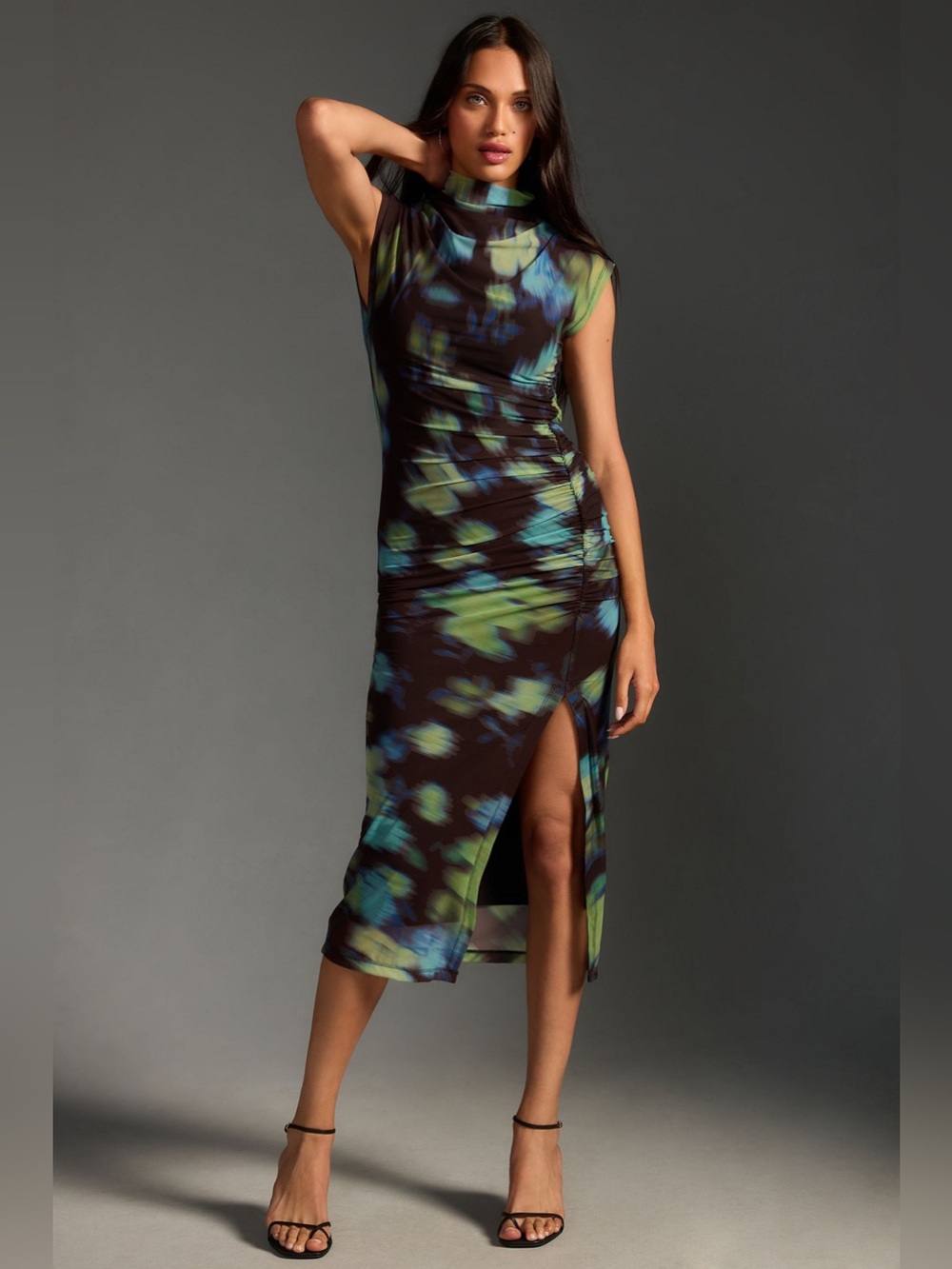 Ruched Burgundy Midi Dress with Soft Floral Print